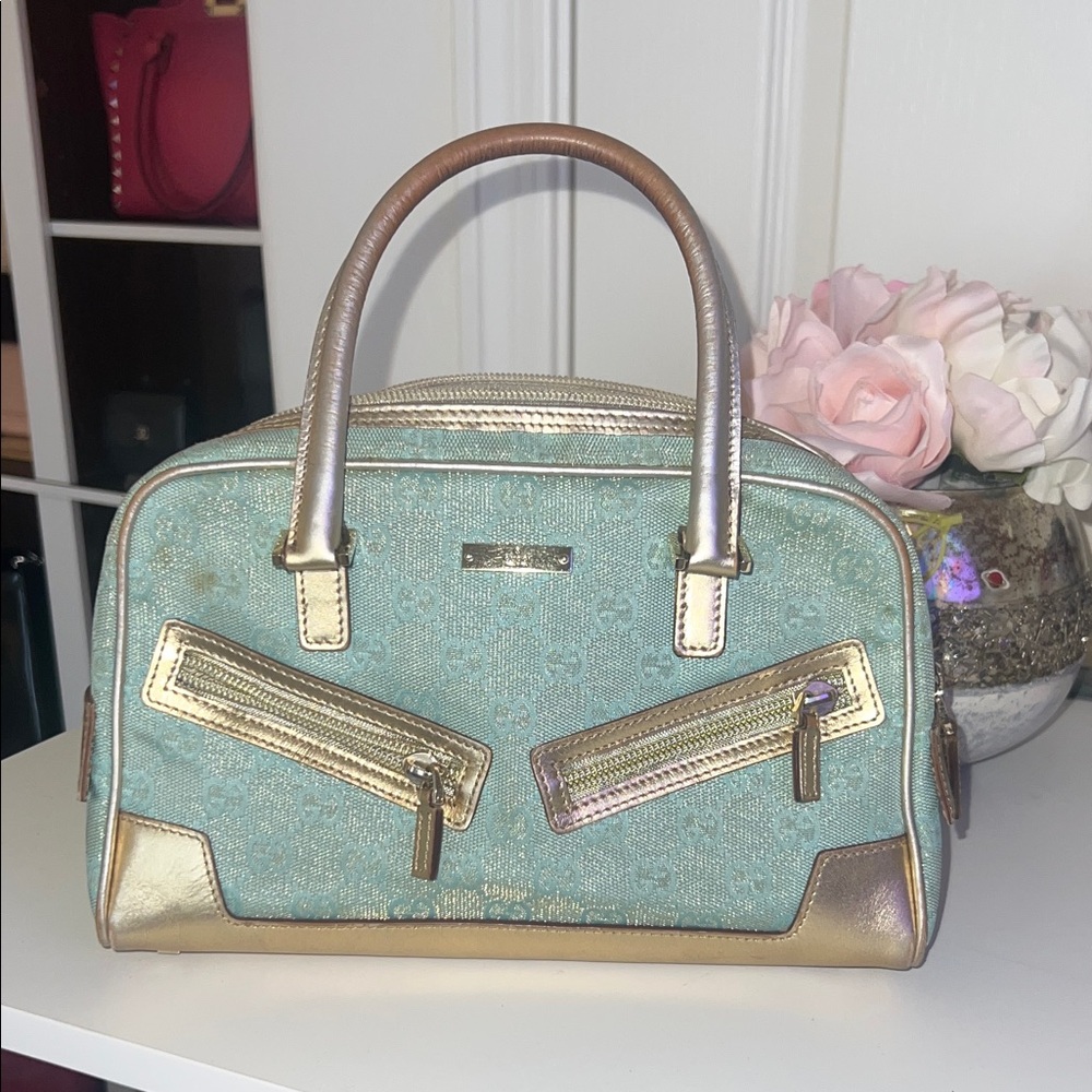 Gucci Teal and Gold Handbag